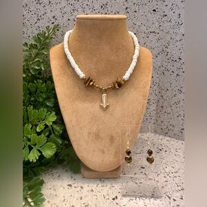 Puka bead necklace with Tiger Eye chips and Tiger Eye earrings